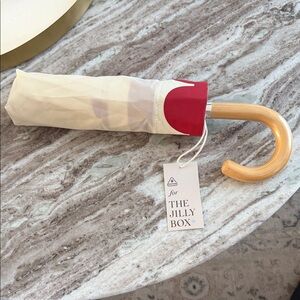 Elegant Cream and Red Umbrella with Wooden Handle
